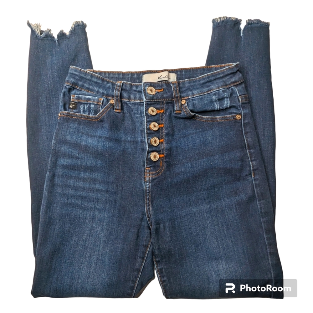 KanCan Jeans Women's Sz 7/27 Blue Denim Button Fly High Rise Distressed Ankle